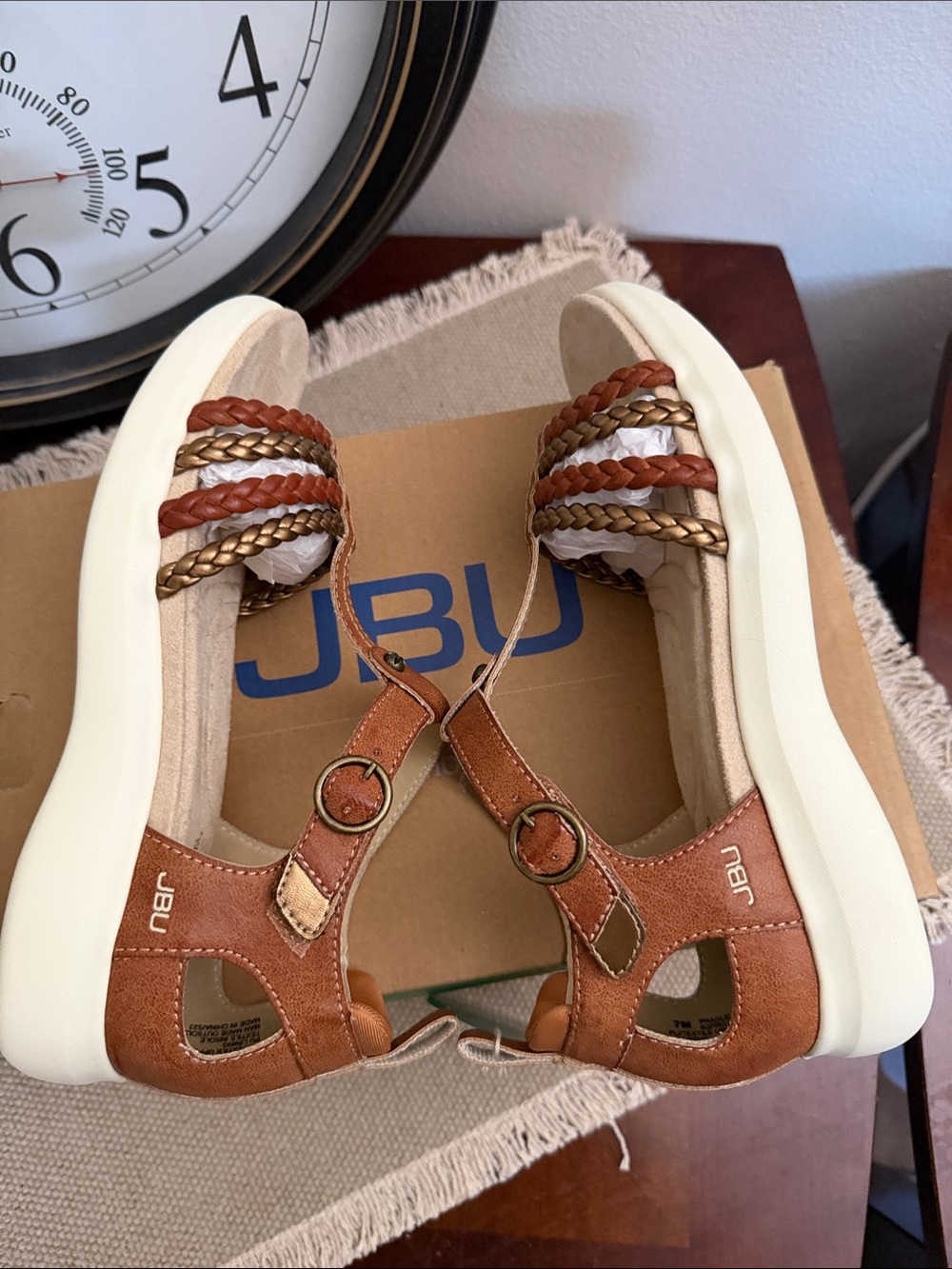 JBU Women's Brown Braided T-Strap Sandals with White Sole - Picture 8 of 13